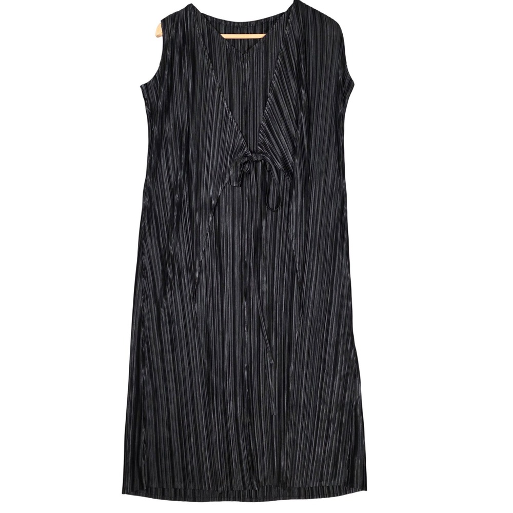 Plisse V Neck Wrap Around Sleeveless Midi Dress Womens Black See Measurements